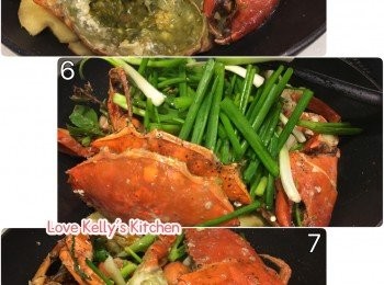 step2: 再熱油鑊，放薑片將蟹回鑊兜炒，加入水、<span class="group_2">調味料</span>和金不換，然後放入蔥段蓋上蓋煮3分鐘，見收汁便完成