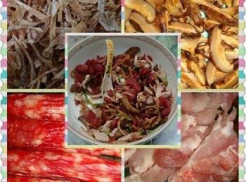 step5: 臘腸切小粒後炒一下，瘦肉切丁後放少許鹽醃制後炒熟，切好的香菇魷魚分別炒一下，之後把香菇、魷魚、瘦肉、臘腸混合在一起。