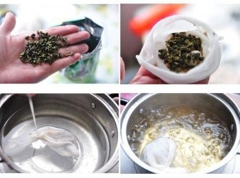 step3: 準備一般茶葉放入小麻袋綁緊後，放入滾水煮沸約5分鐘即可，再加入少許的冰糖融化