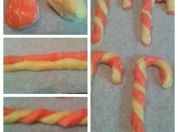 step4: 將麵糰分成小份，搓成4 至5吋長的長條。將一條普通麵糰及一條紅色麵糰疊在一起，然後輕力扭數下，再做成柺杖狀，放在烘焙紙上