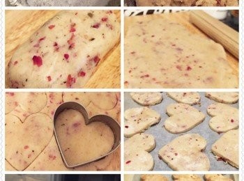 step1: (玫瑰花瓣原味曲奇)

1. 低筋麵粉、木薯粉、泡打粉、糖及玫瑰花瓣拌勻。
2. 加入椰子油、燕麥奶及香草精油拌勻。
3. 搓揉成粉團。
4. 拿擀麵棍擀平粉團，拿曲奇模蓋心形至完成整個粉團。
5. 放進冰箱冷藏20分鐘。預熱烤箱180度。
6. 取出曲奇，烤箱180度烘焙15分鐘即可。