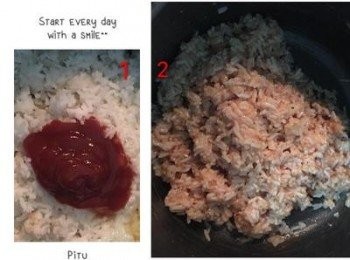 step2: 剩飯中直接放入2-3湯匙蕃茄醬,鹽1/2茶匙,黑胡椒粉少許,拌勻備用.