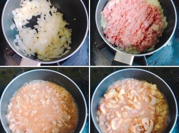 step2: 先炒香洋蔥碎，然後加入免治瘦豬肉同炒，炒至變色加入啡蘑菇片和調味醬汁，撈勻煮約6分鐘至熟透即成。