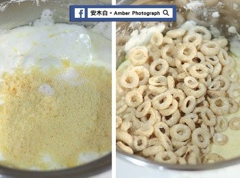 step3: 放入起司粉和鹽，攪拌均勻(左圖)。然後放入「藜麥糙米米果」拌勻，儘量讓每個米果都能均勻沾附上棉花糖起司液(右圖)。