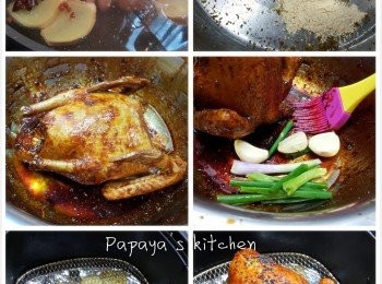 step2: 煲水，放入薑片，花椒八角，水位要蓋過乳鴿，水滾就落紹興酒，再放乳鴿，脾位向下，先烚一面2分鐘，再反轉烚1分鐘，攞出來用凍水浸住，抹乾乳鴿後，就用醃料醃1小時或以上，蒜頭拍鬆，蔥切段，撈上醃料後塞入鴿身內