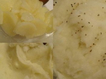 step2: 取出蒸熟的馬鈴薯，用飯瓢等工具趁熱將其搗成泥狀，隨後拌入海鹽、黑胡椒等香料調味，喜歡豐富一點的，可以加些炒熟的肉丁、洋蔥，自行做變化。