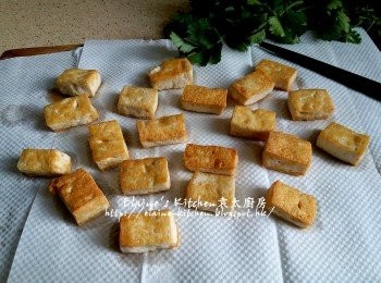 step8: 豆腐洗淨印乾水份切粒 , 放入鑊中用慢火慢慢煎至金黃色 , 盛起放在廚紙上吸取油份