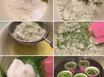 step2: 4) 低筋麵粉、綠茶粉、泡打粉和鹽，用篩子篩進蛋黃液, 拌勻至無粉粒
5) 取出1/3的蛋白泡放進麵糊中，由底往上翻的方法輕手拌勻，再加入1/3蛋白泡拌勻，然後把麵糊倒進剩下的蛋白泡中拌勻
6) 混入蜜紅豆
7) 倒入蛋糕模中，在表面再加幾粒蜜紅豆
8) 中火蒸12-15分鐘