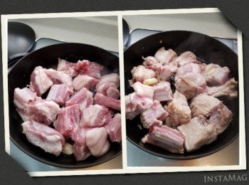 step2: 爆香蒜頭，將腩排煎香兩面，排出多餘油分，盛起。