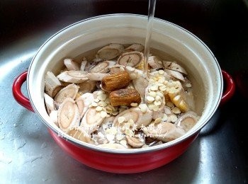 step4: 煲內加入排骨頭 , 粟米 , 牛蒡 , 南北杏 , 蜜棗及適量水