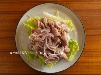 step4: 接著將生菜鋪底，放上豬肉片、紫洋蔥並淋上<span class="group_2">醬料</span>與辣椒粉就完成了。