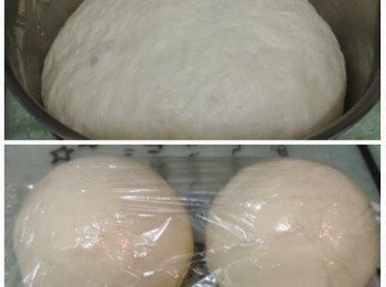 step5: 把發酵完成的麵團取出，輕輕按壓排氣，分割後再滾回圓形用保鮮膜蓋着15分鐘讓麵團鬆弛。