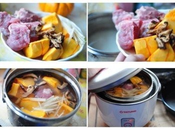 step2: 將南瓜切塊(可留皮但要刷洗乾淨!!)排骨稍川燙，乾香菇泡軟後切細絲..還有嫩薑絲，通通放入電鍋於洗好的白米一起燉煮，喜歡粥湯多的就水放多些囉!