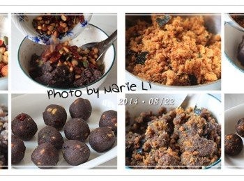 step4: 準備內餡材料：

烏豆沙：        500g
海苔肉鬆：       50g
綜合堅果：       50g

為了中和一下烏豆沙的甜味
我自己突發奇想混進了兩種<span class="group_1">食材</span>做出了
《肉鬆豆沙》與《堅果豆沙》兩款內餡

作法很簡單，將現有的材料拌勻即可
拌勻後以每 30g 為一個單位
分別搓出每種口味各 10 個
一共是 20 個餡料球。

※ 烏豆沙的作法請見： 自製《烏豆沙》