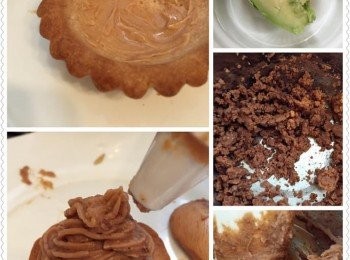 step2: 酪梨栗子忌廉︰
1. 酪梨去核，切細，放入攪拌機，加入燕麥奶，攪拌成忌廉狀`。
2. 栗子蓉放入大碗內，開動打蛋器先打至幼滑，加入酪梨忌廉、糖及蘭姆酒再完全打匀至酪梨栗子忌廉。
3. 放入擠花袋備用。