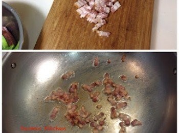 step6: 培根切細條；平底鍋（不加油）以中小火將培根乾煎至酥脆焦黃；備用