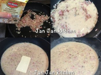 step3: 下少許油炒香洋蔥1分半鐘，下煙肉炒香。加入半盒忌廉蘑菇意粉醬，加入水拌勻小火煮熱一會，下芝士煮溶。如用碎芝士亦可。下黑椒碎調味及試味。