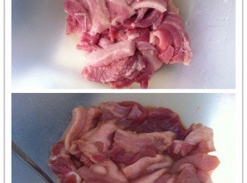 step1: 將蒜頭及薑切成碎末五花肉切片。大碗內將五花肉及家樂牌雞粉或鹽巴拌勻後，加入其他醃料，用手拌勻，醃約30分鐘《時間越長越入味》。