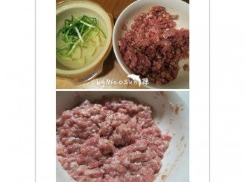 step2: .蔥薑泡水打入加好調味料(醬油.香油.鹽巴)的絞肉.順時鐘打到出黏性大概5.8分鐘