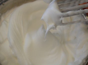 step5: 蛋白加入檸檬汁用電動攪拌器以低速先打出泡，加入一半的砂糖轉中速繼續打發，打到濕性發泡時再加入另一半的砂糖再打至呈光澤狀的乾性發泡，蛋白霜就做好了。