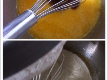 step1: 首先把蛋黃和蛋白分開，放入無油無水乾爽的容器裡。
三合一即溶咖啡加入熱水溶解攪拌均勻，待冷。
取出一個較深的盆，把蛋黃加入白砂糖25g攪拌，然後加入玉米油和攪拌好的咖啡攪拌均勻。