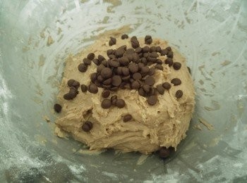 step3: 朱古力粒留起十幾粒鋪面用, 其他放入巳搓好的朱古力粉團內攪混。