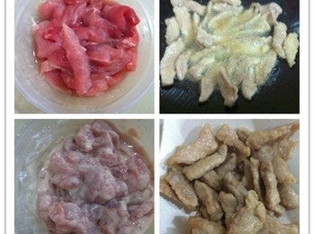 step1: 將梅肉洗淨切條，加入鹽巴，胡椒粉腌製。取出鍋加入適量的食油，將腌製好的加入適量的玉米粉攪拌均勻，然後有滾下鍋油炸至熟~盛起待用。