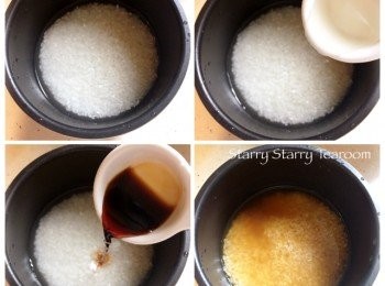 step2: 將一杯米洗淨，加入0.7杯水，然後再加入日式醬油和味醂作調味。