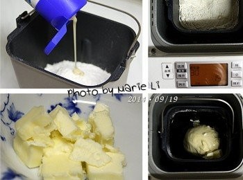 step2: (Panasonic SD-BMS105T Mode30 烏龍麵麵糰模式)

將所有<span class="group_1">食材</span>(奶油除外)全都放進麵包機容器中
設定麵包機為 Mode30 《烏龍麵麵糰模式》
讓它跑一次 15分鐘 的行程

機器跑完第一次行程後，放進無鹽奶油於容器中
再次設定麵包機為 Mode30 《烏龍麵麵糰模式》
讓它再跑一次 15分鐘 的行程

※ 加入無鹽奶油後攪拌中會有噴溢情況，請記得加蓋預防。