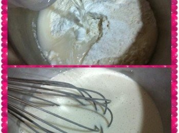 step2: 取出一個大碗，把<span class="group_1">食材</span>A倒入大碗中，利用手握打蛋器充分的攪拌均勻。