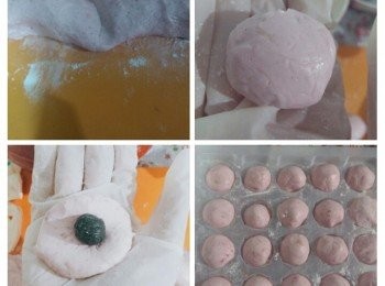 step3: 將粉糰搓成長條狀，切成每粒約10克小粒。用手掌稍微壓小粉糰，把芝麻餡放在裡面，收口後，輕輕搓圓粉糰，放在已撲有粉的湯圓器皿，備用。