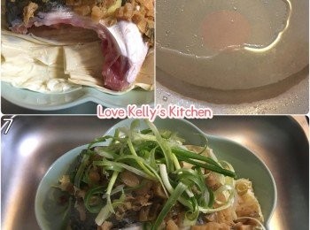 step2: 鮮腐竹鋪底，放上鯇魚鋪上薑片灑上糖，放入蒸爐用100度/大火蒸12分鐘(視乎厚度)；
取出後鋪上蔥絲，贊上熟油最後淋上蒸魚豉油便完成