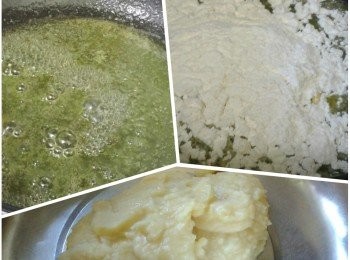 step1: 無鹽牛油放在平底鑊內加熱溶化後關火。加入已過篩的低筋粉攪拌至無粉粒。移至大碗待降溫至微暖。