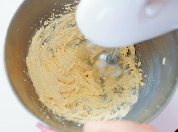 step4: 加入三溫糖，大略拌至融合後，用手持式電動攪拌器（或用打蛋器）以低速將全體攪拌至顏色變白。