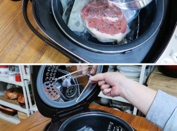 step3: 厚釜內鍋添入適量水，要覆蓋過食材，
但不超過"定溫料理"最高水位線，
將定溫料理棒自掛勾取出