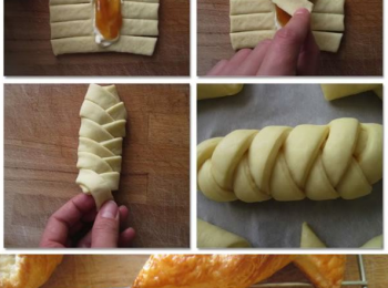 step4: 取出麵糰排氣，把麵糰分成5份，滾圓。用麵棍把麵糰擀成長方型，中間放上內餡，麵糰兩邊各平均界開幾份，覆蓋上內餡，放於烤模上置室溫發酵至2倍大(約1小時)。(我參考網上圖片做法)