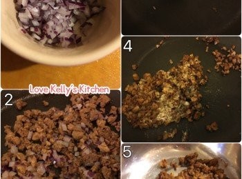 step2: 紅洋蔥切細粒，熱油鑊爆香紅洋蔥再放入素牛肉碎炒香，盛起備用；