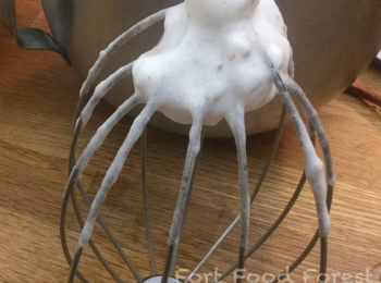 step6: 蛋白打至開始起泡, 加數滴檸檬汁及少許鹽. 繼續打蛋白打至企身(firm peak). 加入玫瑰花瓣碎, 略略打勻.