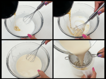 step4: 用125ml水煮溶片糖即可, 切忌過火。
將滾的糖水慢慢加入粉漿內，一邊加一邊攪拌，直至粉漿幼滑無粉粒。