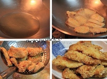 step2: 起油鍋，先將油加熱
把裹上炸粉的魚片一片片放進油鍋中
中火油煎至兩面金黃酥脆
即可撈起瀝乾多餘油，備用