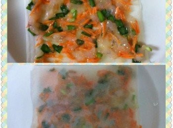 step3: 取出一片春卷皮，把調好的材料均勻的鋪在春卷皮上，再用另一片春卷皮蓋好，重複動作，直到包好為止。