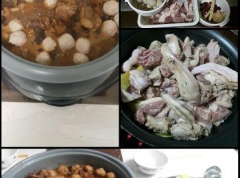 step1: 姜母鴨
1. 米鴨一只❨約2斤❩,米酒280ml, 黑芝麻油3湯匙，姜15片，老抽2湯匙，鹽适量
2. 生抽2湯匙，果皮1個，片糖½片，黨參2條，杞子1湯匙，紅棗10粒
制作：用麻油爆香姜片，放入鴨肉爆香，至有些微金黃色，加老抽上色，贊100ml米酒，加埋2.材料，水蓋過鴨肉，小火炆15~20分鐘至淋，加餘下米酒，鹽調味，煮多5分鐘便可。
姜母鴨是台灣冬天女士保養品，要吃鴨肉同時喝湯啊~