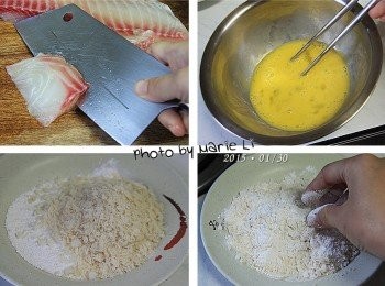 step1: 鯛魚片洗淨，斜刀切成數個薄片
將木薯粉和麵包粉以 1：1 的比例混合均勻

切好的鯛魚片先放進蛋液中靜置五分鐘
讓魚肉吸收一下蛋液會比較容易沾粉

洋蔥洗淨，切絲備用。