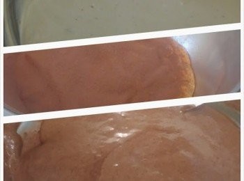 step5: 從步驟(4)分出100g麵糊到另一器皿內，再篩入可可粉拌勻。