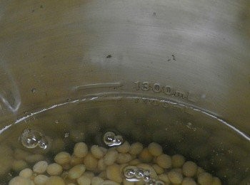 step2: 將泡好水的黃豆與糖放入豆漿機中，並加水至1300~1100之間，選擇黃豆豆漿的功能