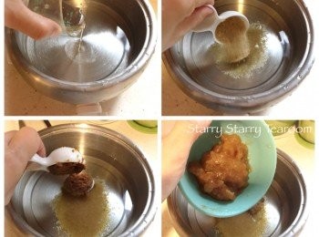 step4: 將所有調味料、梅子肉和一半份量的味噌倒進鍋內，再加入清水。將火力調較至3度，將煮汁煮沸。