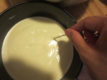 step10: 倒入模具，在桌子上震几次，把内部的大泡震出来，然后用牙签插入面糊划Z字，继续消除气泡，再用刮刀抹平表面，入烤箱下层，150度烤30分钟