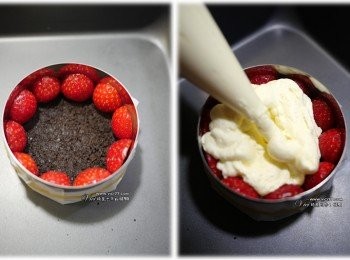 step5: 草莓對切後，放入冷硬的餅乾模中。接著填入幕絲糊至9分滿後，用平湯匙壓平後，放入冰箱冷藏