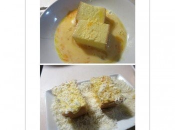 step7: 麵包裹上蛋液。沾上麵包粉