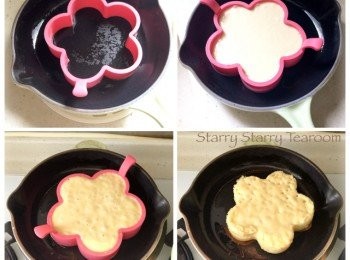 step3: 將pancake ring放上煎pan，倒入粉漿至所需厚度，用中小火加熱至粉漿凝固，表面有氣泡，便可脫模。